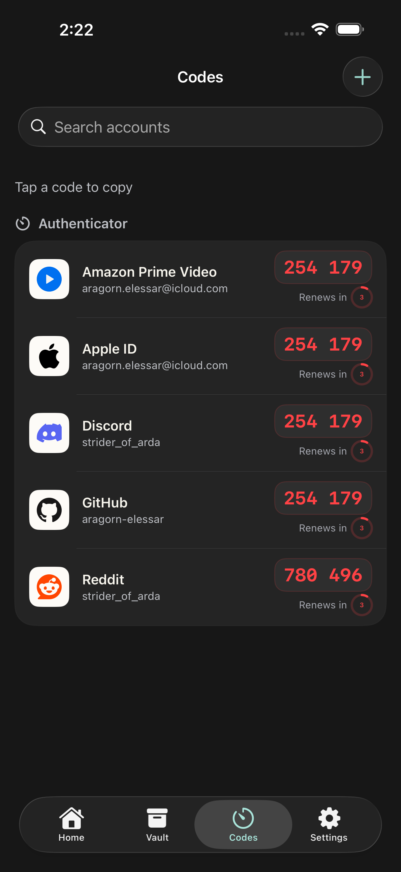 RookPass verification codes in dark mode, grouped with account names and usernames