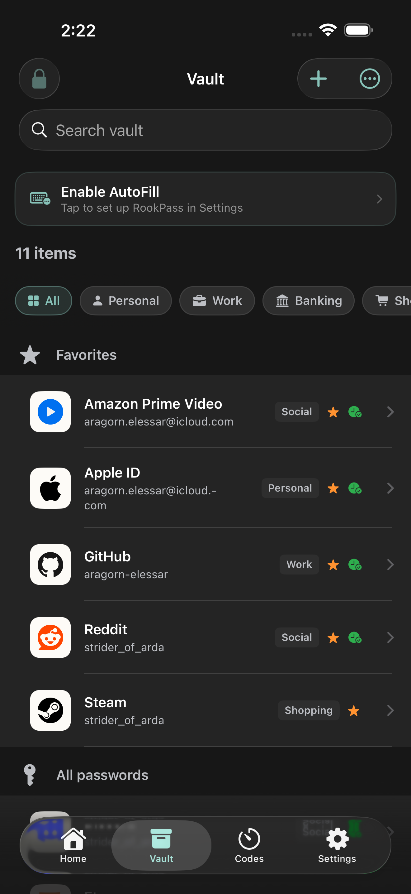 RookPass vault in the graphite theme