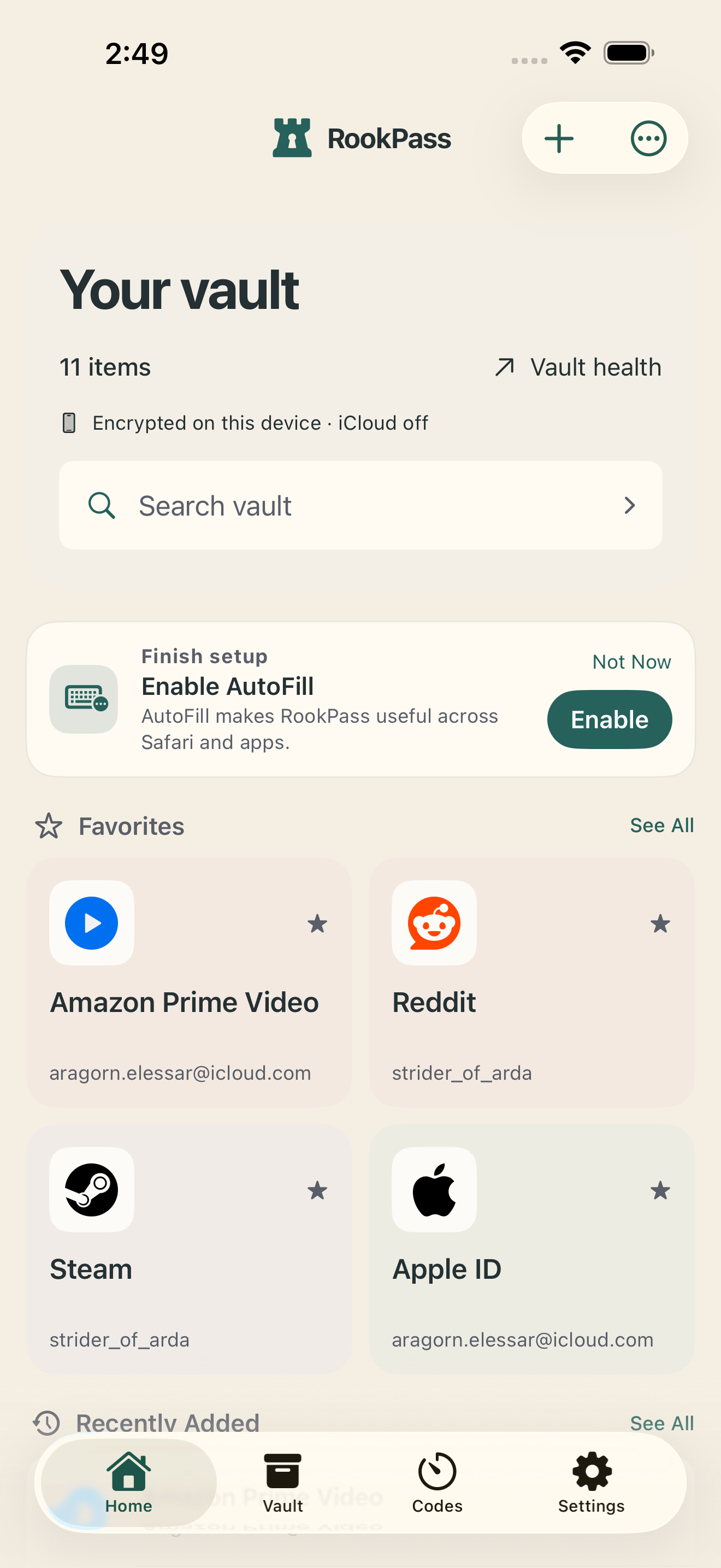 RookPass Home with quick vault search and favorite logins