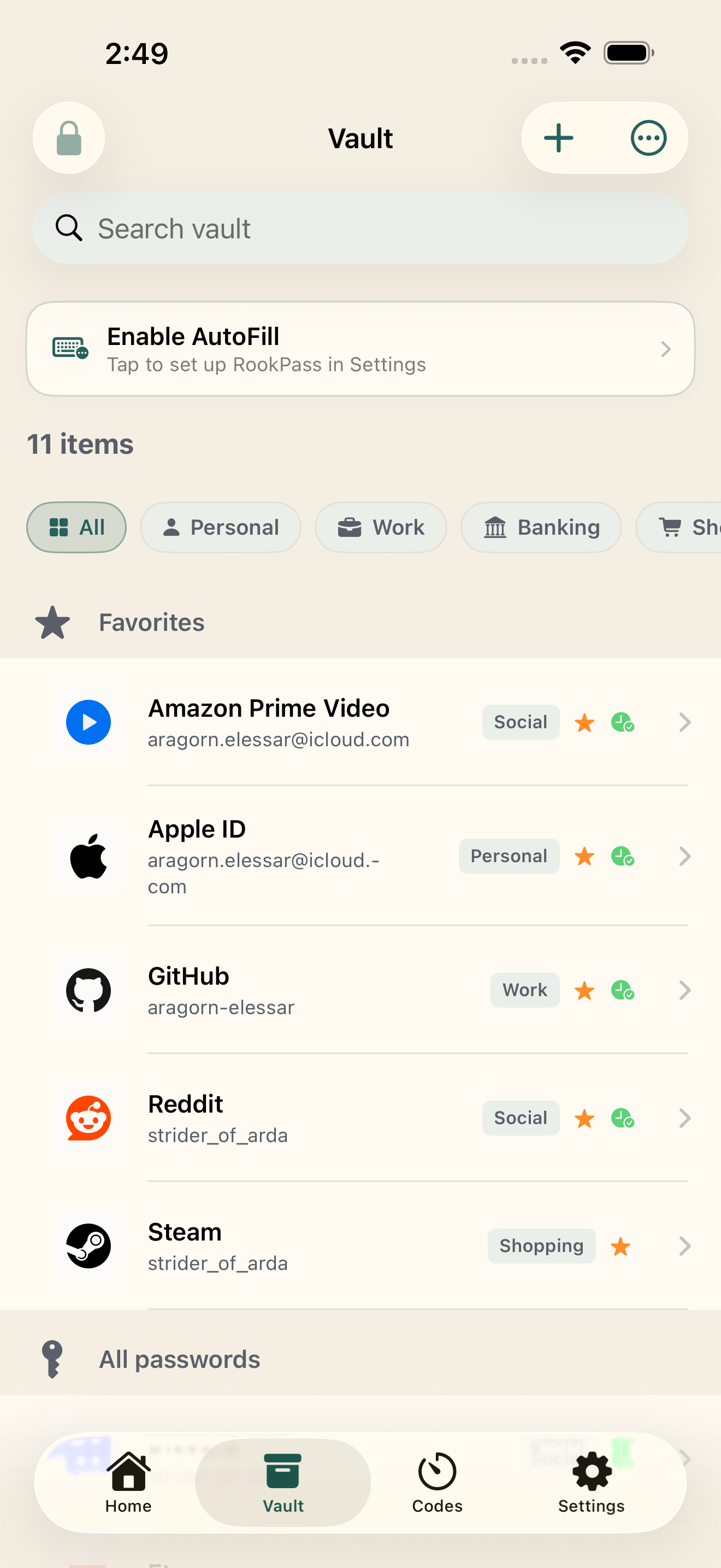 RookPass vault in the light theme, with search, favorites, and clearly labeled login entries