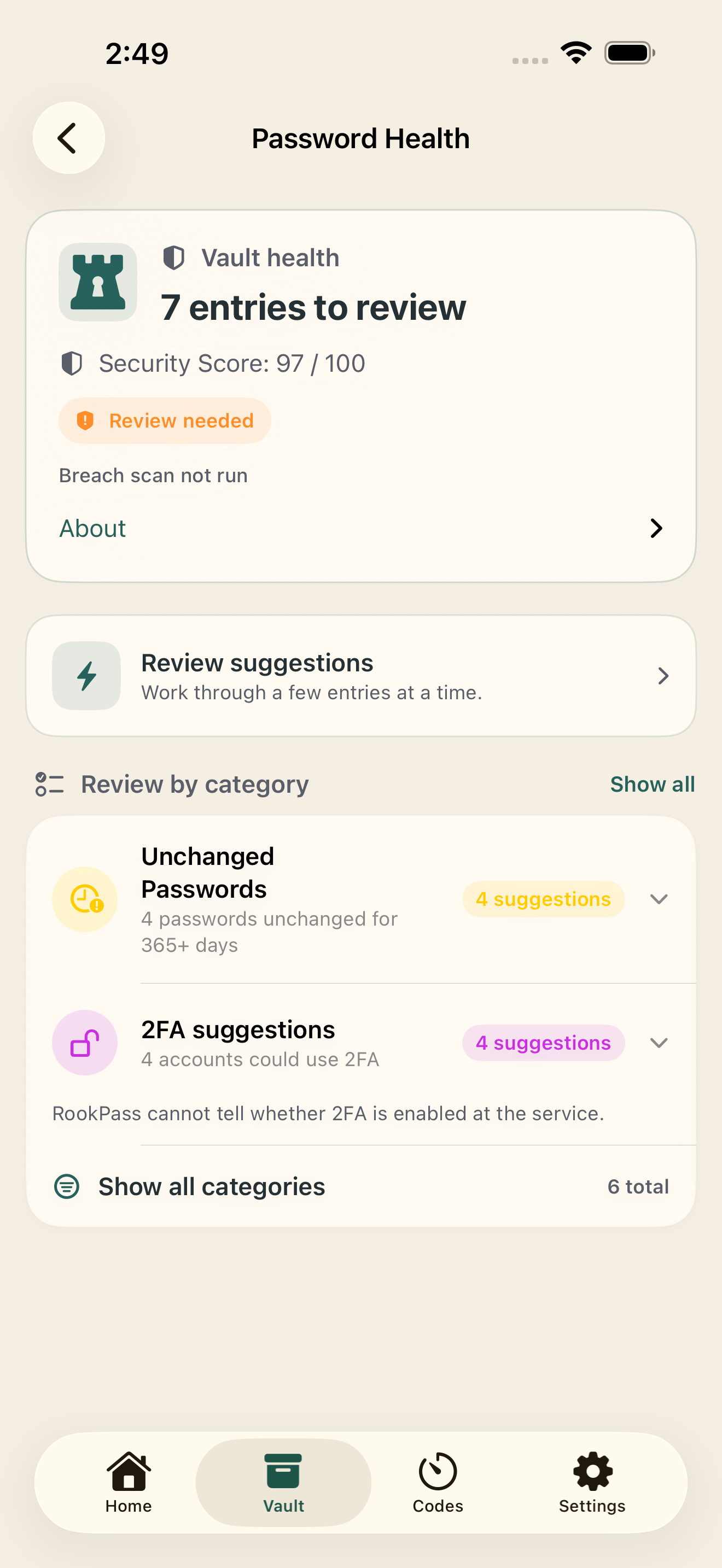 Password Health with entries to review and categories of findings